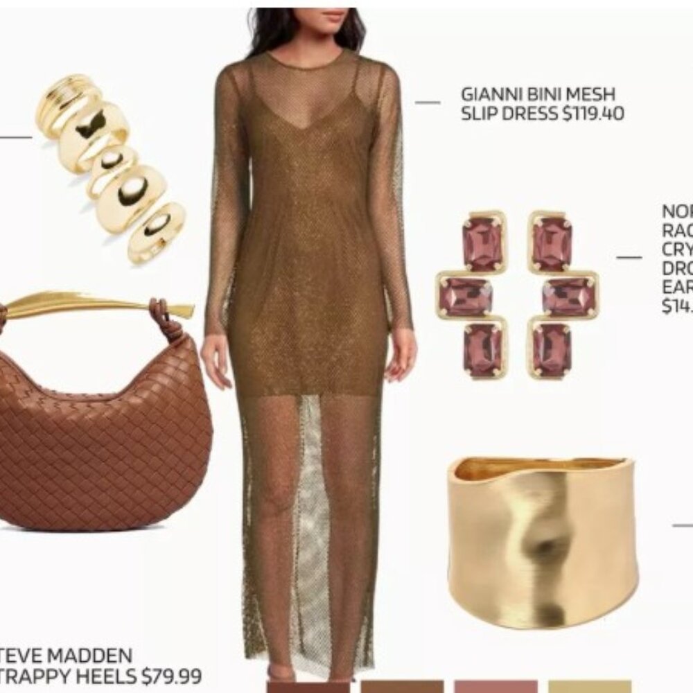 Gianni Bini Amora Mesh Crew Neck Long Sleeve Slip Dress